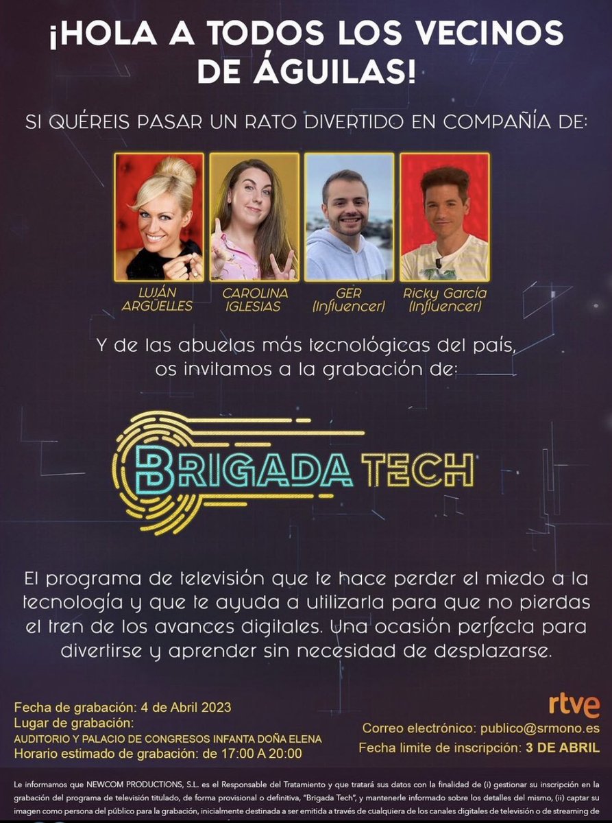 El martes 4 de abril nos visitará <a href="/BrigadaTechTVE/">Brigada Tech</a>  con <a href="/LUJAN_AR/">Luján Argüelles</a> al mando. Si quieres asistir como público:

🎥 La grabación será de 17h a 20h
✉️ Manda un correo publico@smono.es para inscribirte. 

¡Os esperamos! 
Toda la info 👇🏻👇🏻