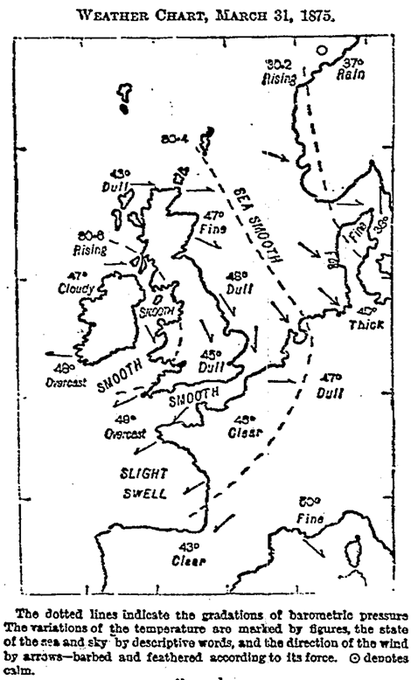 Rainmaker1973's tweet photo. #Today in 1875,  Sir Francis Galton published the first newspaper weather map - in The Times, London, England - now a standard feature in newspapers worldwide 

[read more: https://t.co/dsRzpWZ0av] https://t.co/W0utuTr1By