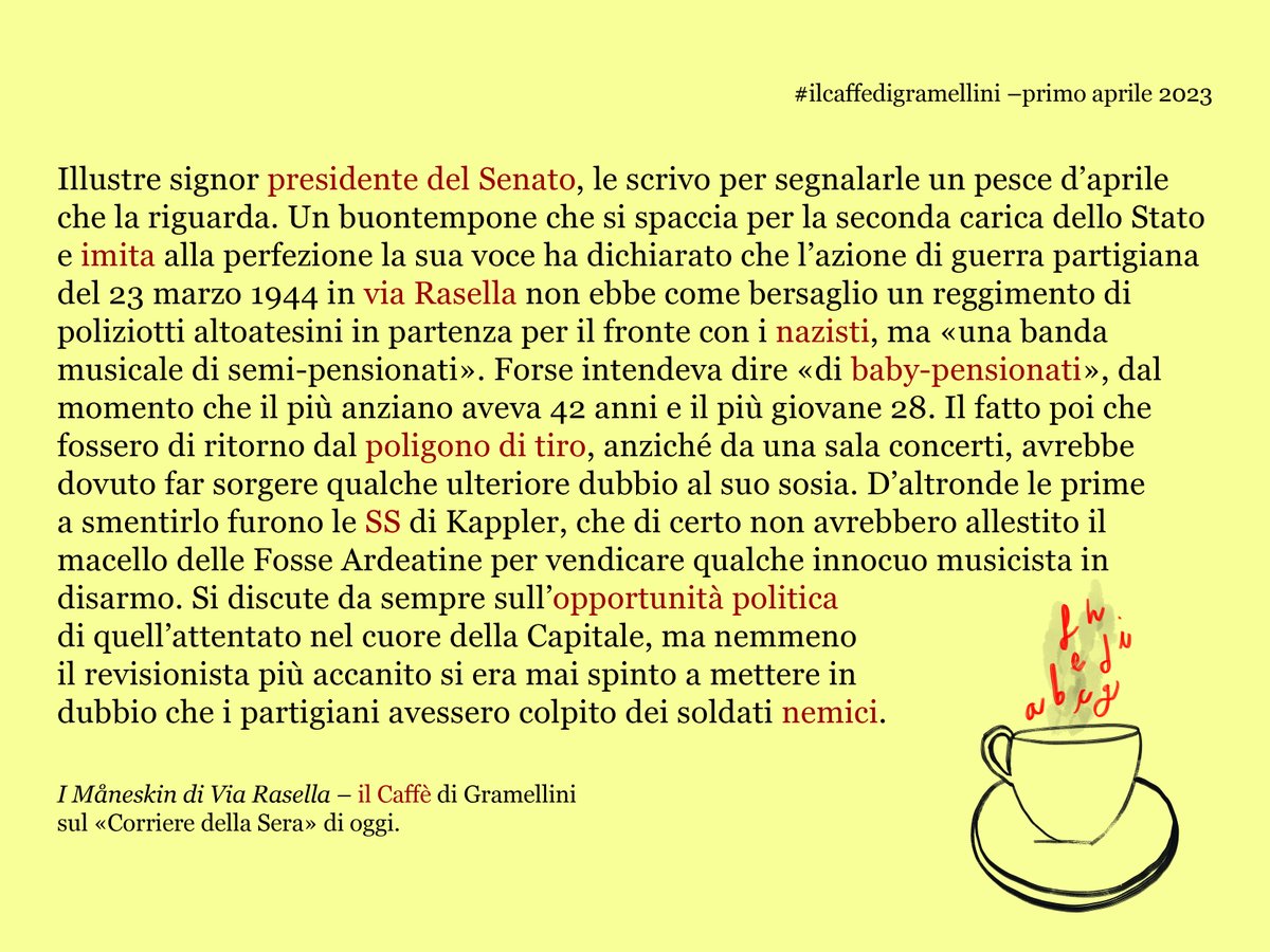 «I Måneskin di via Rasella»: #ilcaffedigramellini sul <a href="/Corriere/">Corriere della Sera</a> di #sabato #primoaprile.
corriere.it/caffe-gramelli…