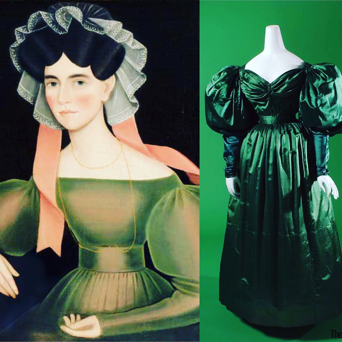I love the way that artist Ammi Philips captured dress. It isn’t lifelike in the sense of the sheen and fold of the fabric but in colour and dimension he sees these women in their everyday clothes. Painting 1830 in collection of P & B Goodman, dress @museumatFIT