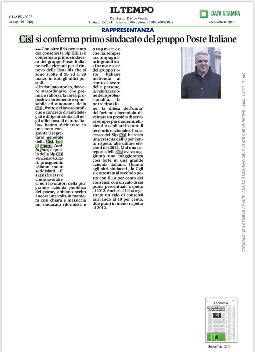 CislNazionale's tweet photo. #Postali: “Mai una categoria della Cisl aveva raggiunto una maggioranza così forte in una grande azienda italiana”: #LuigiSbarra su “Il Tempo” commenta il risultato storico raggiunto dalla Cisl nelle elezioni per le Rsu nel gruppo Poste Italiane https://t.co/sW8ckoSSTf