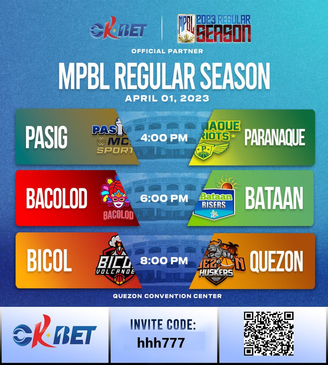 📷 GAMEDAY ALERT 📷 April 1, 2023
The MPBL returns to the Quezon
Join the excitement and increase your chances of winning big!
Register now! Copy this link on google chrome or scan the QR Code
okbet.com/?inviteCode=hh…
Check 📷 bit.ly/OKBetSJP
PM ME !!!
#mpbl2023 #okbet