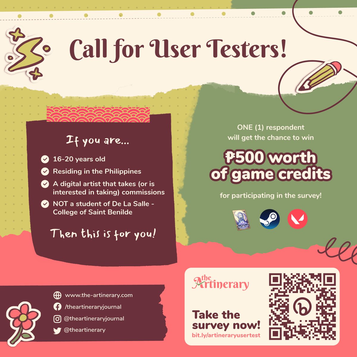 📢 CALL FOR USER TESTERS
(w/ Welkin Moon, Valorant BP, Steam Credits Giveaway!)  

#artPH #theartineraryph
