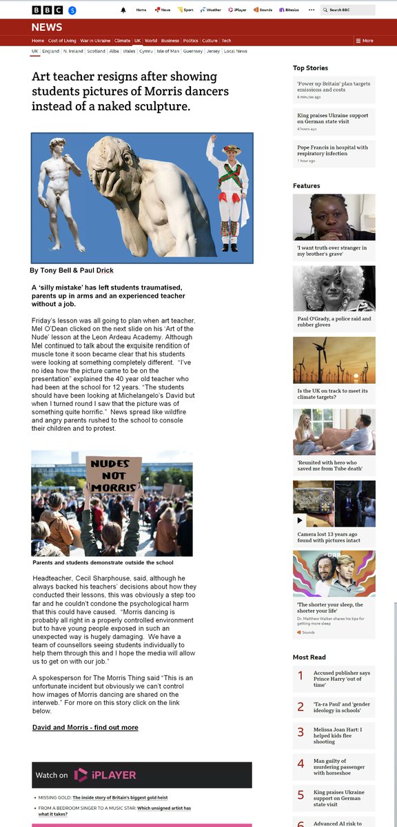 SHAMcampaign's tweet image. Art teacher forced to resign after accidentally showing students a picture of explicit Morris dancing instead of Michelangelo's David. #Morris #Michelangelo #David #Sculpture