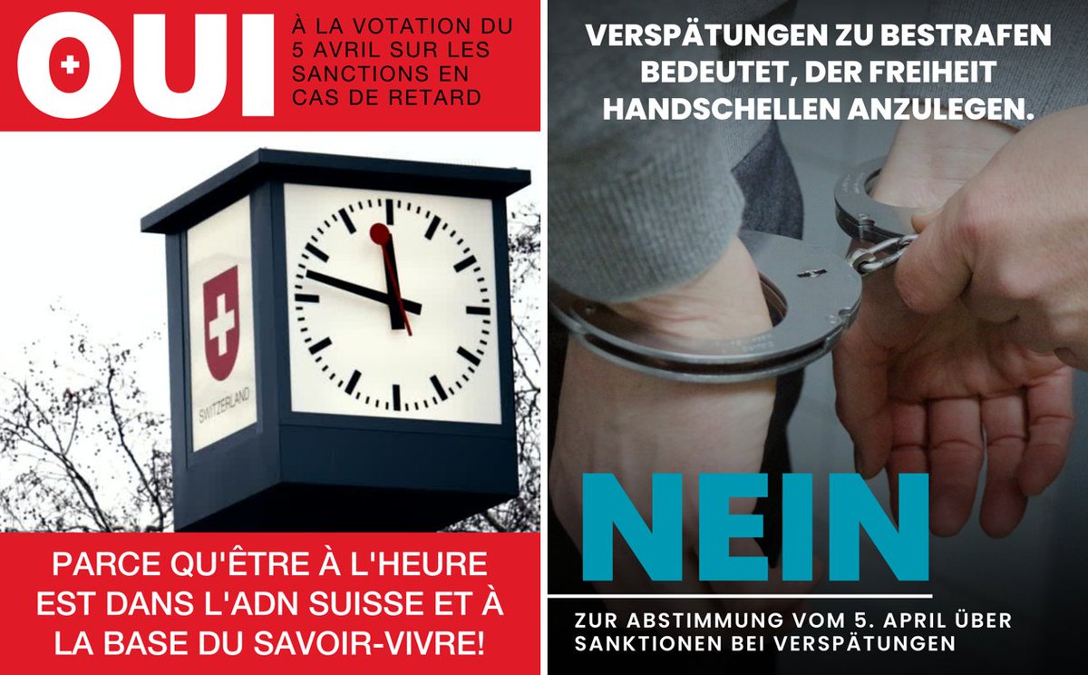 SwissEmbassyUK's tweet photo. Next week citizens of #Switzerland will vote in a #referendum to decide whether criminal fines should be introduced for being late to meetings and appointments. https://t.co/3o97vKKpRS
