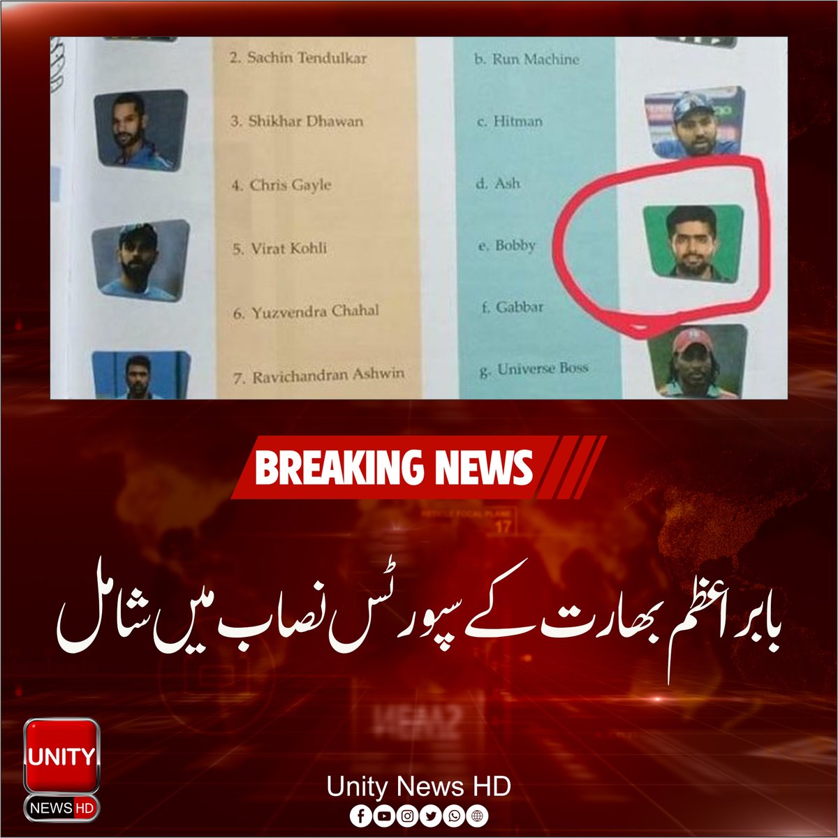 UnityNewsHD's tweet image. بابر اعظم بھارت کے سپورٹس نصاب میں شامل
سماجی رابطے کی ویب سائٹ ٹوئٹر پر وائرل پوسٹ میں کتاب کا صفحہ شیئر کیاگیا ہے جس میں بابراعظم، سچن ٹنڈولکر، ویرات کوہلی، ایم ایس دھونی، 
#UnityNews
#ChiefJusticeofPakistan 
#PetrolPrice 
#LUMS