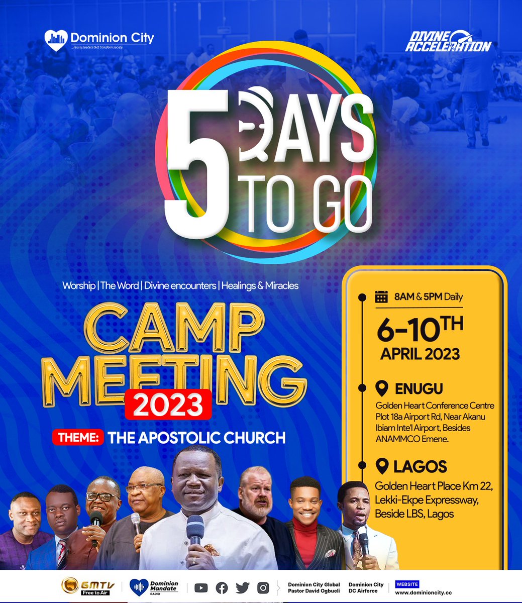 Wao, just 5days to go. Are you super-excited and well prepared? #pastordavidogbueli #dominioncity #campmeeting #easter #Easter2023