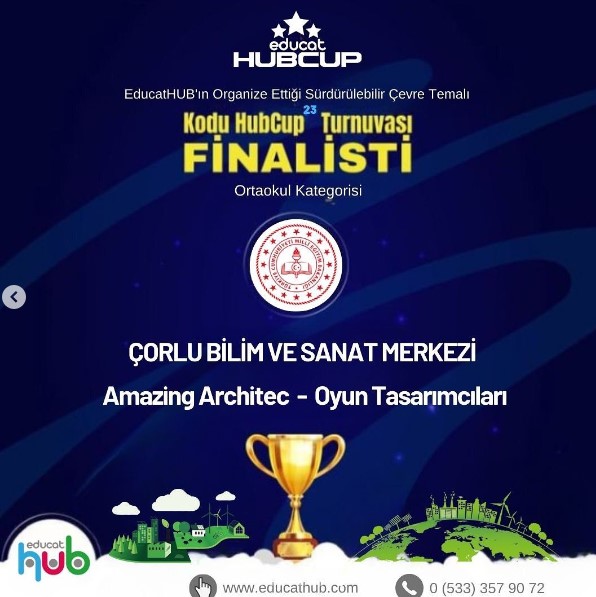 Çorlu Bilsem Finalde! EducatHUB'ın organize ettiği Sürdürülebilir Çevre Temalı Kodu HubCup Turnuvasında Ortaokul seviyesinde iki Takımımız Finalist. <a href="/MebOrgm/">Özel Eğitim ve Rehberlik Hiz. Genel Müdürlüğü</a> @cemalozdemir_67 @bilsemmeb <a href="/mramazanbarin/">Ramazan Barın</a>