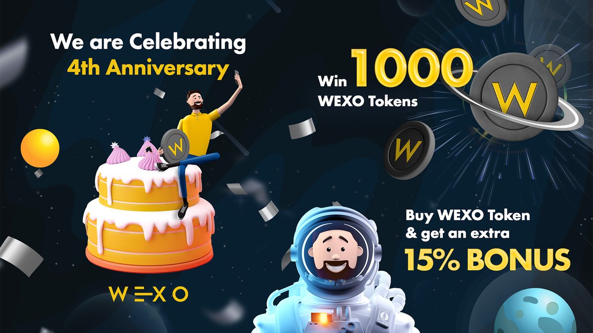 WEXO ANNIVERSARY COMPETITION 🎂🎉🎊

For a chance to #WIN, simply;
1. FOLLOW <a href="/WexoOfficial/">Wexo</a>
2. RETWEET &amp; LIKE this post
3. COMMENT #wexoanniversary + TAG 3 people

💰 Value: 2000 WEXO Tokens
🏆 Winners: 3 (1000, 600, 400 WEXO Tokens) 
📅 End Date: 7th April, 2023
🏦 Distribution