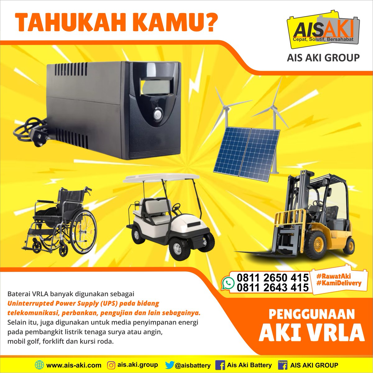 Aisbattery's tweet photo. VRLA untuk apa saja ya? Simak informasinya.
Penerangan umum, sepeda listrik, UPS dll
#deliveryaki #tokoakiterdekat https://t.co/9MCGMqVw1W