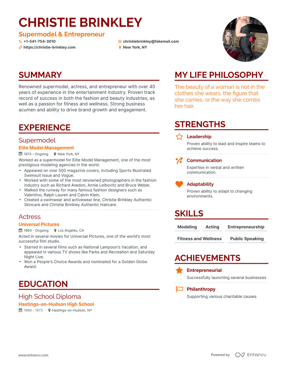 What would Christie Brinkley's resume look like if he had one made by AI? Check the full ChatGPT-generated resume at thisresumedoesnotexist.com/resume/christi…