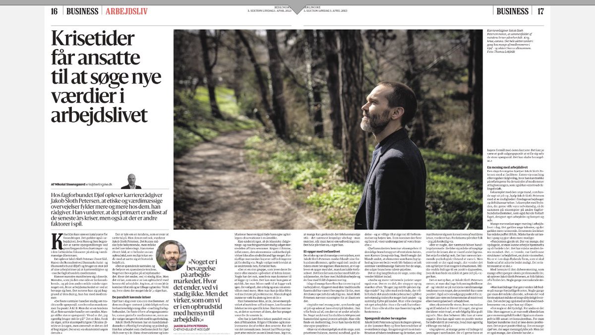 Torbengross's tweet photo. Superspændende interview med ⁦@jak_sloth⁩, karriererådgiver i @djoef i dagens ⁦@berlingske⁩ om tendenser og bevægelser i arbejdslivet. Vi er i en opbrudstid og mange søger en dybere mening i arbejdslivet hvor der er plads til andet end arbejde. Etik og værdier fylder. https://t.co/72qb54p9XB