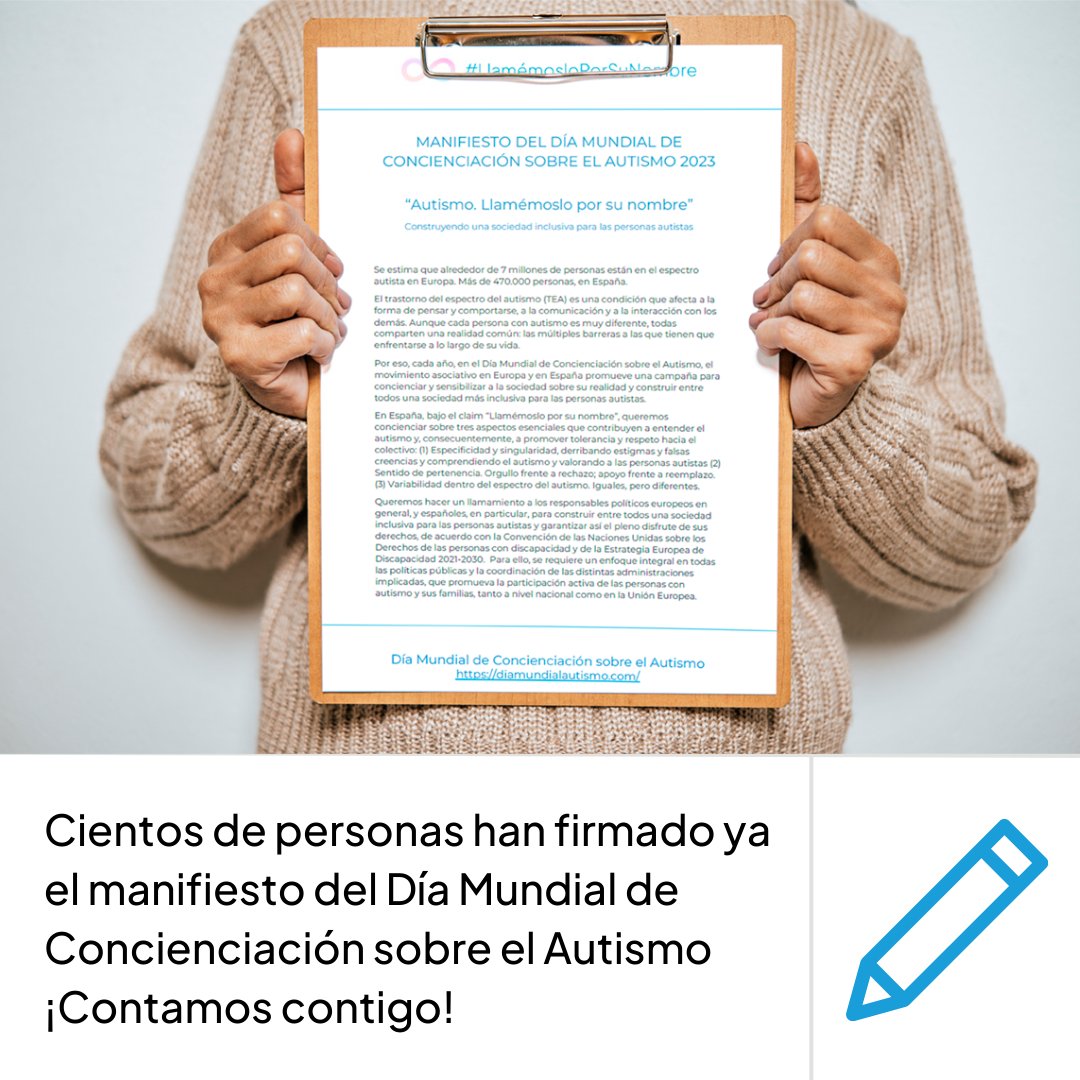 ¿Aún no has firmado el manifiesto del #DíaMundialAutismo 2023? En él exponemos las claves para construir entre todos una sociedad respetuosa con la diversidad, donde las personas autistas puedan participar en igualdad de condiciones. ♾ ¡Súmate! #LlamémosloPorSuNombre
