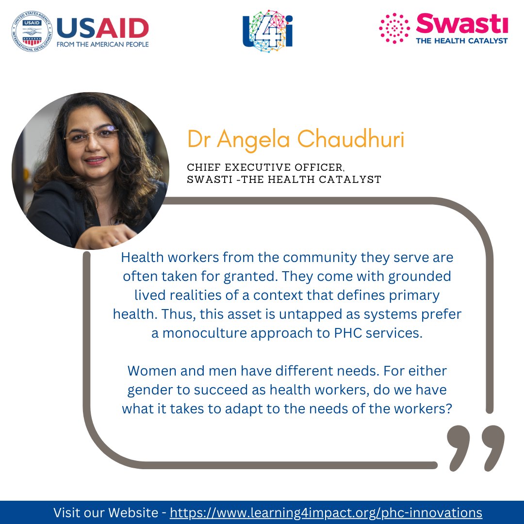 learning4impact's tweet photo. #HealthWorkforce | Local healthcare workforce has for long helped further the agenda of #primaryhealthcare in India, see what Angela Chaudhuri, CEO, Swasti has to say about this 👇

#community #frontlineworkers #phc #comprehensiveprimaryhealthcare https://t.co/5Ay6OErGCH