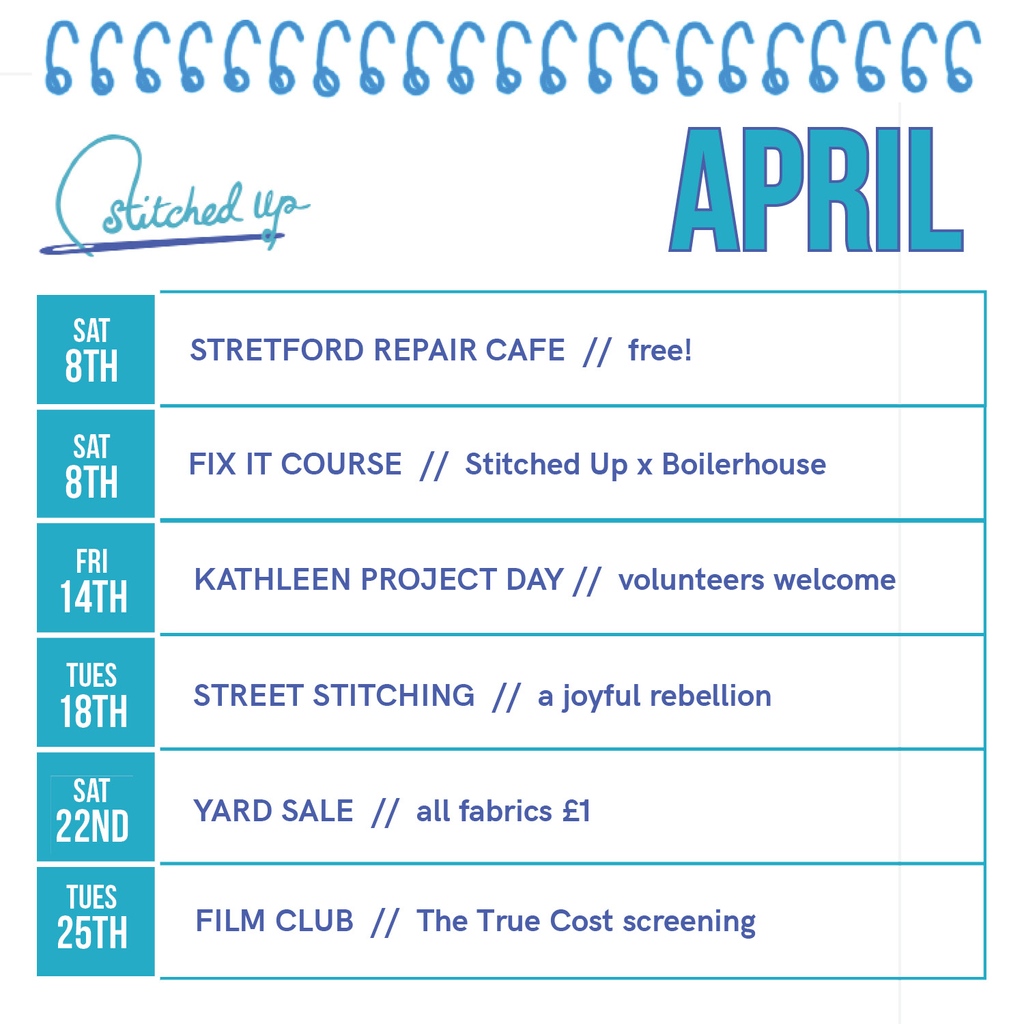 StitchedUpCoop's tweet photo. WHAT'S ON // Hello April! π§οΈπ£π We've got so much on this month, check it out
What are you most excited about?
https://t.co/5nsEisnW6n
#StitchedUpCoop #StitchitDontDitchIt #StreetStitching #RepairCafe #StretfordRepairCafe #TheTrueCost https://t.co/HB2DpYovGw