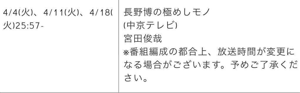 4/4(火),11(火),18(火) 25:57〜
中京テレビ「長野博の極めしモノ」
#宮田俊哉