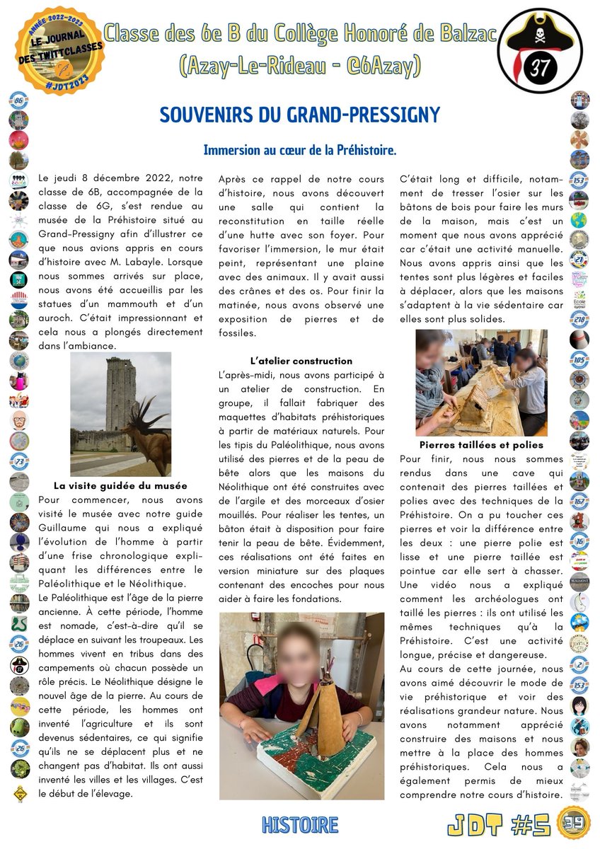 #UnArticleDuJdT
Pour cette 16e découverte, nous vous proposons l'article des élèves de 6es de <a href="/6Azay/">6AzayLR</a> (#AzayLeRideau) dans le Journal des TwittClasses. #JdT2023🗞️
Il parle de leur visite du musée préhistorique du Grand-Pressigny et se trouve en page 39 du JdT.
Bonne lecture !