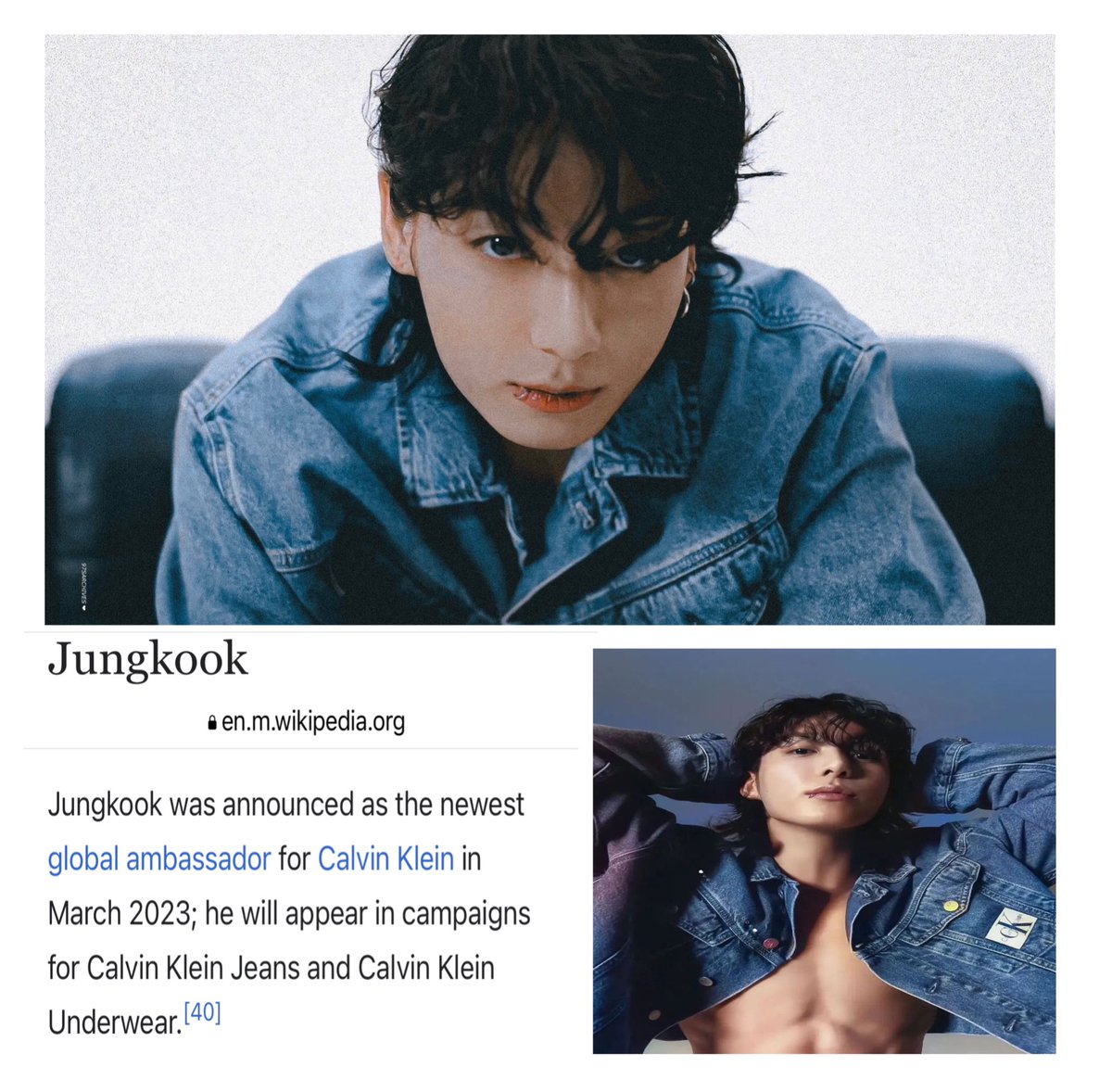 Daily_JK97ʲᵏ on Twitter: "[INFO] Jungkook's Wikipedia has been updated “Jungkook was announced newest global ambassador for @CalvinKlein in March 2023; he will appear in campaigns for Calvin Klein Jeans and