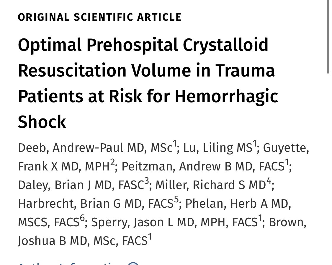 This study from the Pittsburgh group &amp; colleagues give some reassurance to prehospital providers who *don’t* have blood products. 

Crystalloid gets a bad press rightly or wrongly, but if it’s all you have, it can probably be used safely (250-1250 ml)

journals.lww.com/journalacs/Abs…