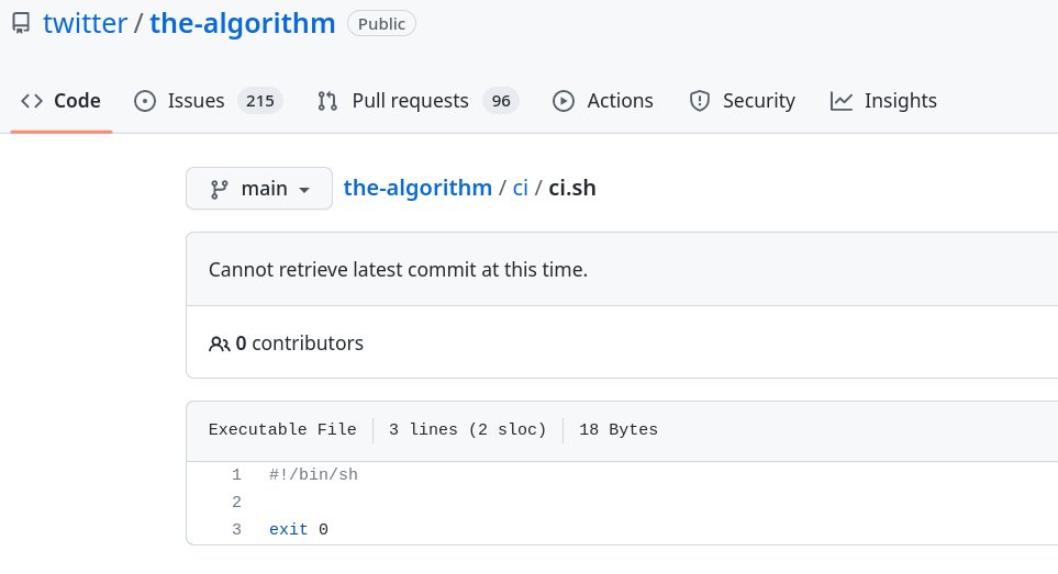 abionic's tweet image. the elite practice to have an always Green CI Pipeline is evident in @twitter's #TheAlgorithm at Github.. got 99 issues but CI ain't one
(must be just a placeholder for OSS)