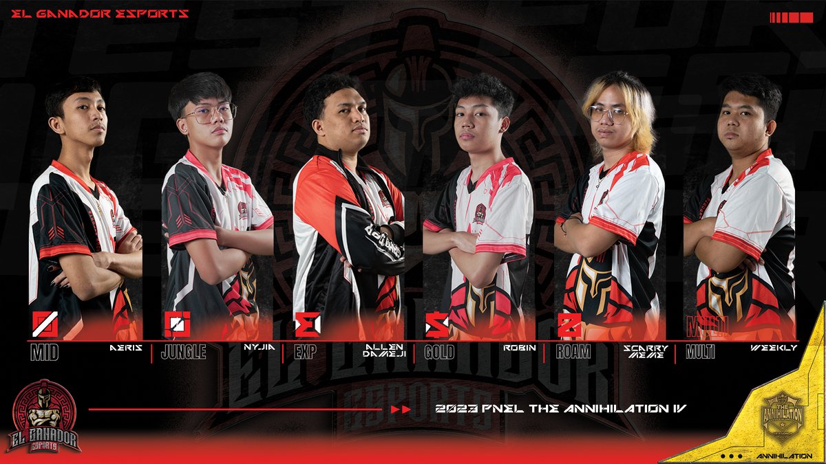 pnelofficial's tweet photo. ❗PNEL THE ANNIHILATION IV: Roster reveal - El Ganador Esports❗
A force to be feared, unstoppable, and bold.
With eyes set on victory, their power untold.
#PNEL #philippinenationalesportsleague #MLBB #MobileLegendsBangBang #MobileLegends #PNEL_THE_ANNIHILATION #PNEL_LAKAMBINI https://t.co/m4r5eOPtoe