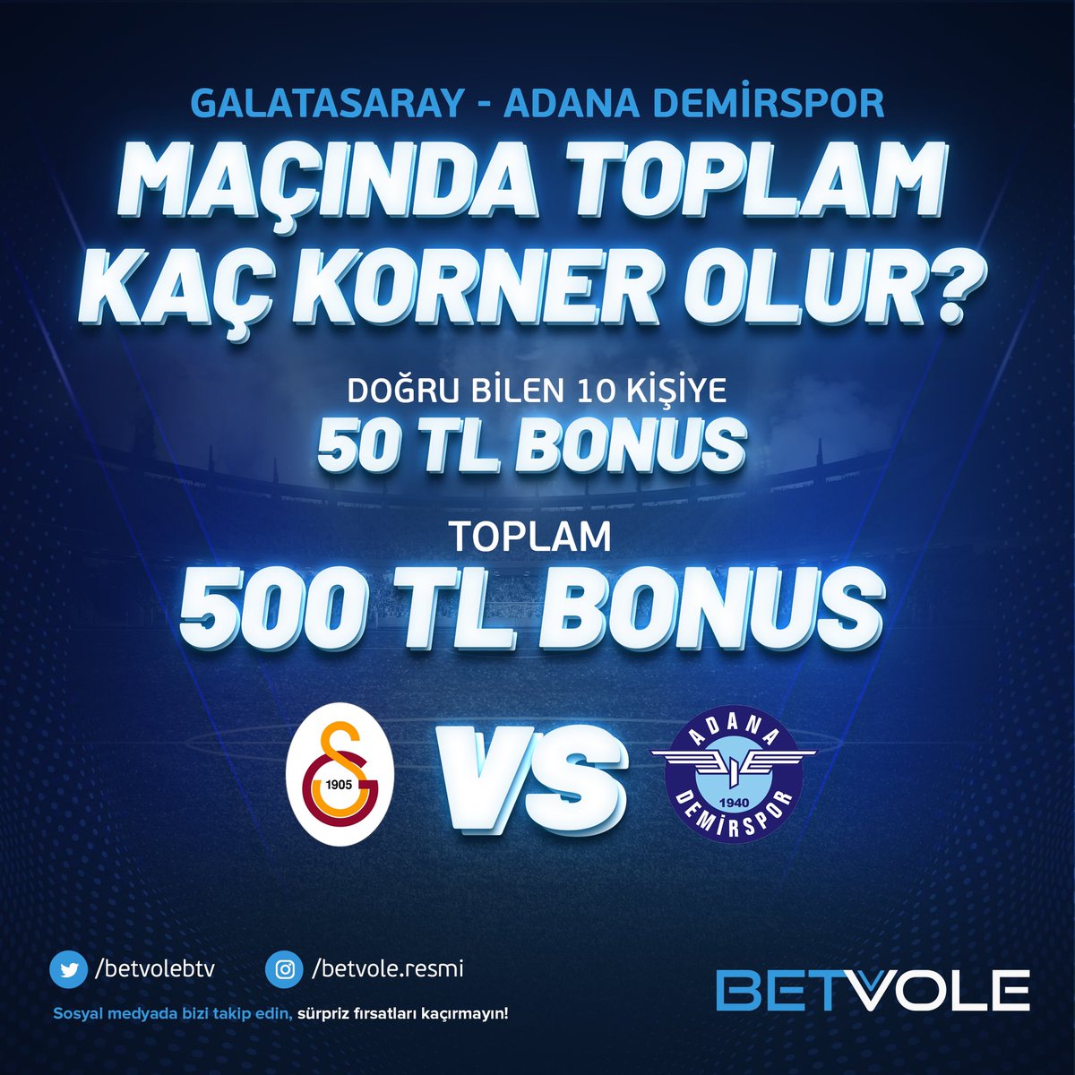 betvolebtv's tweet photo. ⚽️ GALATASARAY - ADANA DS maçında toplam kaç KORNER olur tahmin et
🎯Sayfayı takip et
🎯Gönderiyi #BetVoleYarışma etiketiyle RTle
🖊️ Kullanıcı adını yaz,
‼️Son 3 gün içinde son işlemi min. 50TL yatırım olanlar katılabilir.
✨Anlık bonus ve duyurular için; https://t.co/1KcS52BvuH https://t.co/MpZum6MBIJ