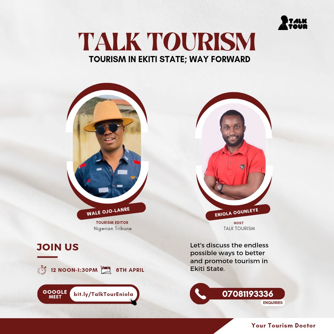 _eniolaogunleye's tweet photo. Mr. Wale Ojo Lanre, one of Nigeria most foremost personalities in the tourism sector, the Alarinka-Agbaye @waleojolanre will be gracing #TalkTourism to shed light on how tourism in Ekiti State can be made better. 

🔰8th April

Join Us:
https://t.co/wAYvttWdpT https://t.co/IOJnLtFoJi