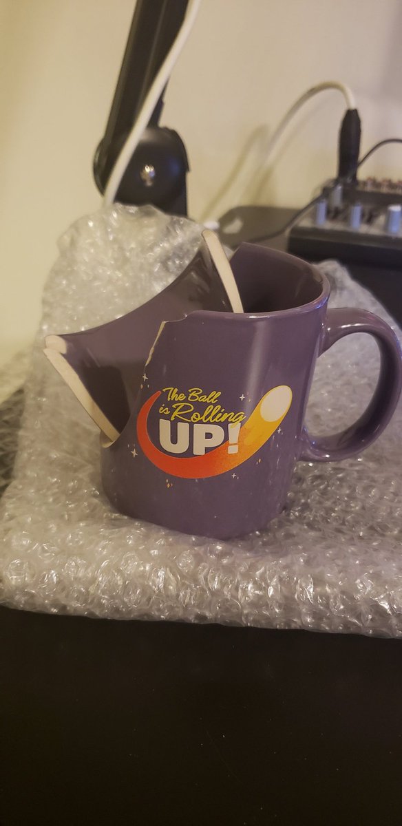 Badgey_'s tweet photo. Discovered at 3am the only item damaged in my apartment move was this @dropout @dimension20show mug with a quote about delusional optimism

Sometimes the universe just wants to make art and it'll piss in your coffee to do it

I wish it weren't also funnier than me tho https://t.co/QI31sTyWvD