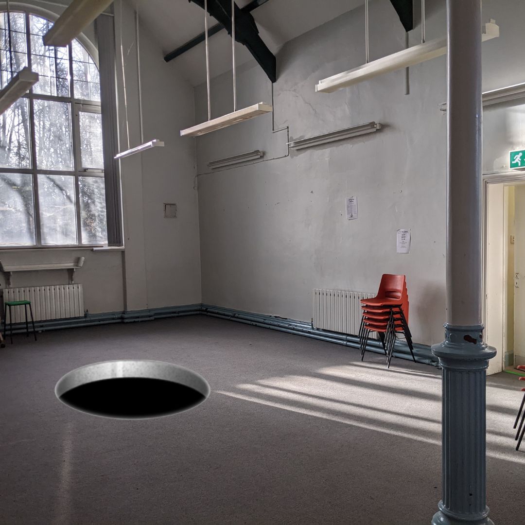 We're thrilled to reveal the bottomless hole recently installed in the centre of our main space. The hole, which descends to unfathomable depths, emits an strong sense of dread and mystery and will make for a fun addition to busy community events and children's actvities.