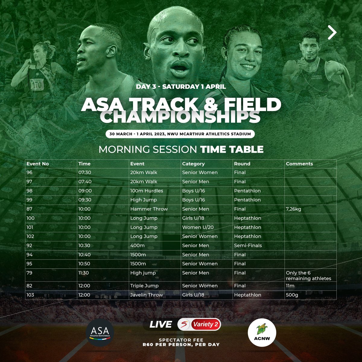 AthleticsSA_'s tweet photo. Day 3 of #FillupPotch.
The ASA Track and Field Championships, Live on SuperSport Variety 2 (Channel 207) 30 March - 1 April 2023, NWU MCArthur Athletics Stadium.
#ASATrackandFieldChamps #Jointhemovement https://t.co/ofbGxgzbHn