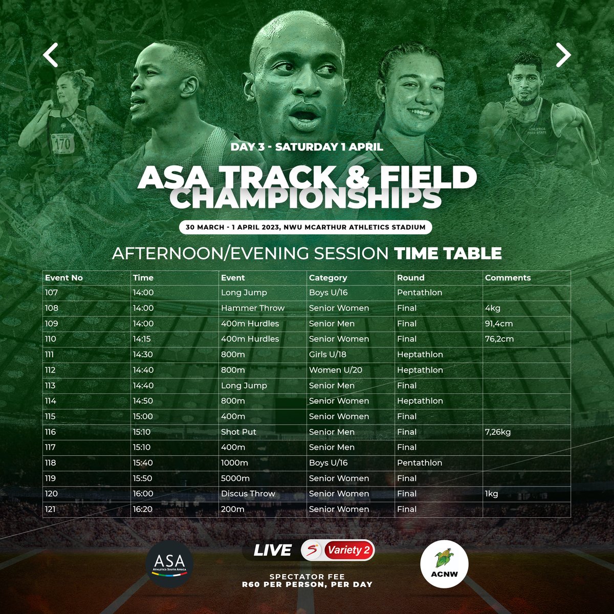 AthleticsSA_'s tweet photo. Day 3 of #FillupPotch.
The ASA Track and Field Championships, Live on SuperSport Variety 2 (Channel 207) 30 March - 1 April 2023, NWU MCArthur Athletics Stadium.
#ASATrackandFieldChamps #Jointhemovement https://t.co/ofbGxgzbHn