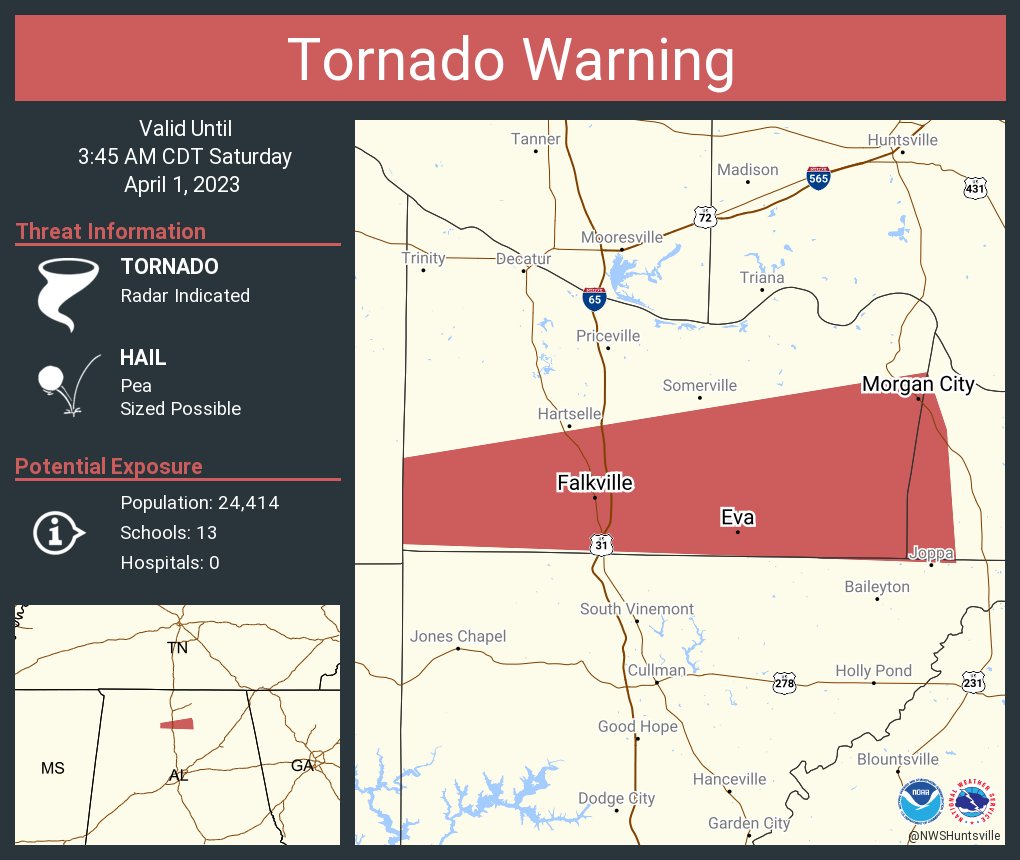 NWS Huntsville on Twitter "Tornado Warning including Falkville AL, Eva