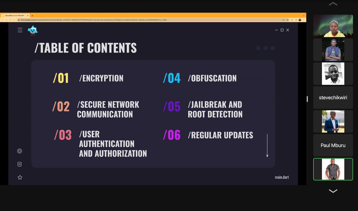 #FlutterForwardextended  Nairobi.
Up on stage is <a href="/paulnm/">Paul Mburu</a> and Steven Maina
Sharing several security features that can be implemented on a Flutter app to help protect user data and prevent unauthorized access.