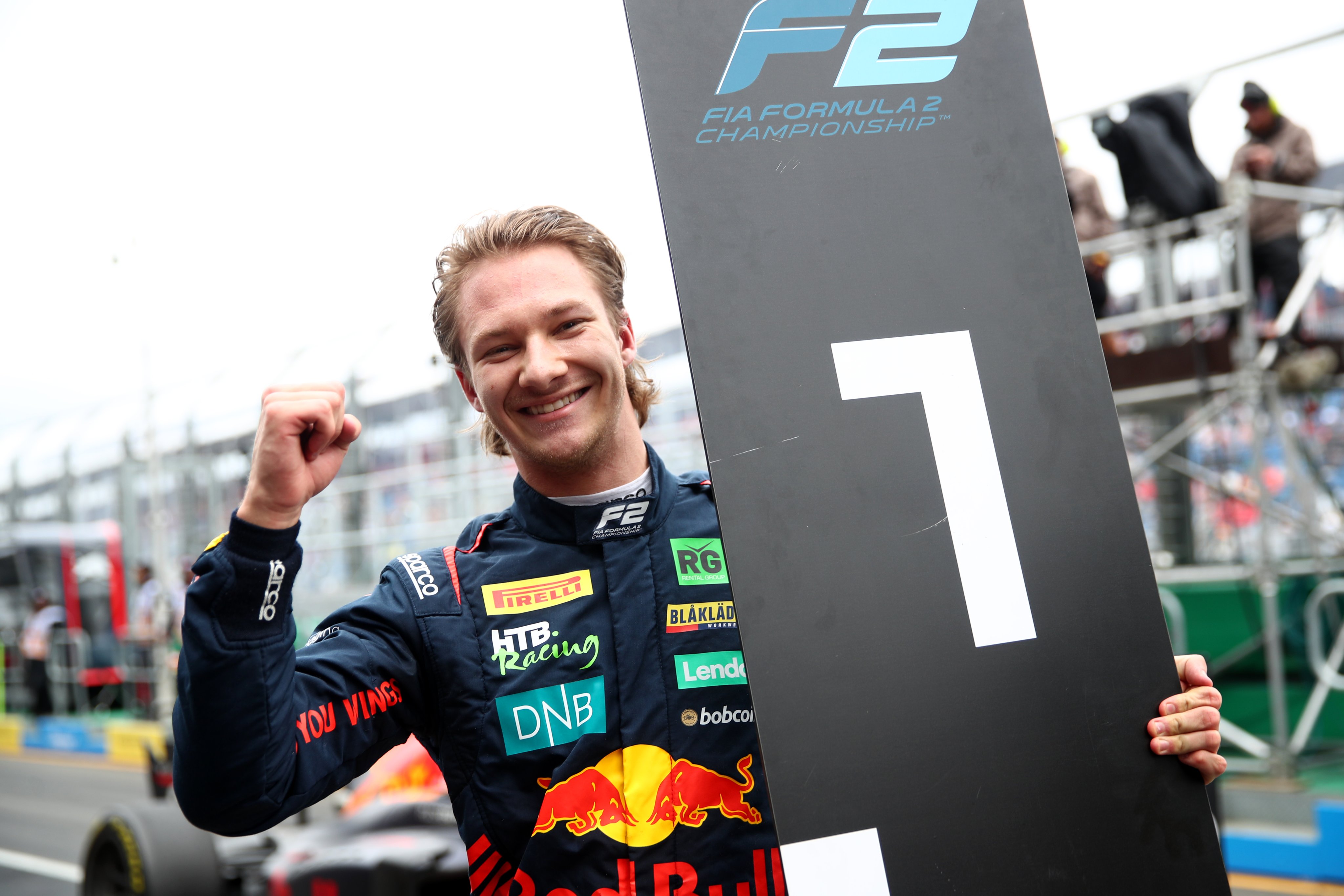 Hauger celebrates his first win of the season in Australia (Image Credit: @Formula2 on Twitter)