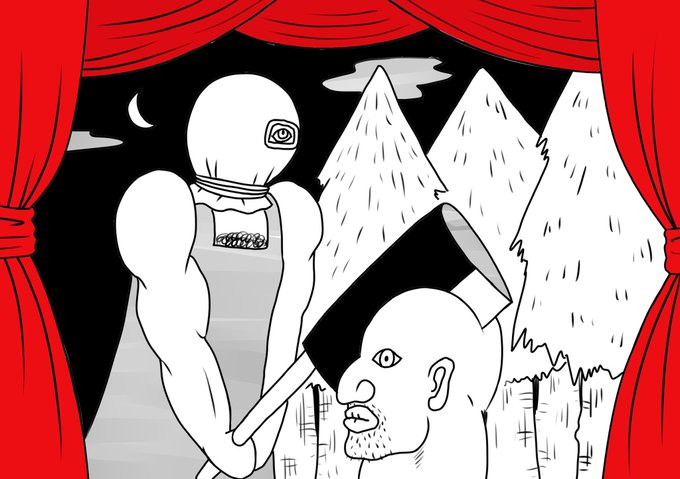 ⑩
外国では連続殺人鬼が斧で人の頭をかち割っている所で止まっていました。
殺人鬼は思いました。
「コノ人メチャ硬イデース!斧ガ動キマセーン!!オーノー」
途中まで頭を割られた人も途中で止められて
「早ック殺チテクーダサィ!」
と願いました。
しかし彼らはもう、永遠にこのままなのです。 