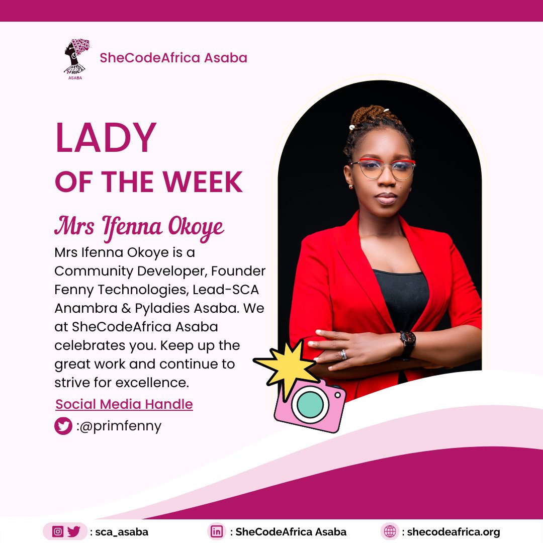 Our Lady of the week is <a href="/primfenny/">Ifey-Okoye</a>. She is a community developer, founder of Fenny Technologies, Lead <a href="/ScaAnambra/">SCA Anambra</a> and <a href="/PyLadiesAsaba/">PyLadies Asaba</a>. We at SheCodeAfrica Asaba love and celebrate you. Keep winning, sis. 

#womenintech #HappyNewMonth #AprilFoolDay