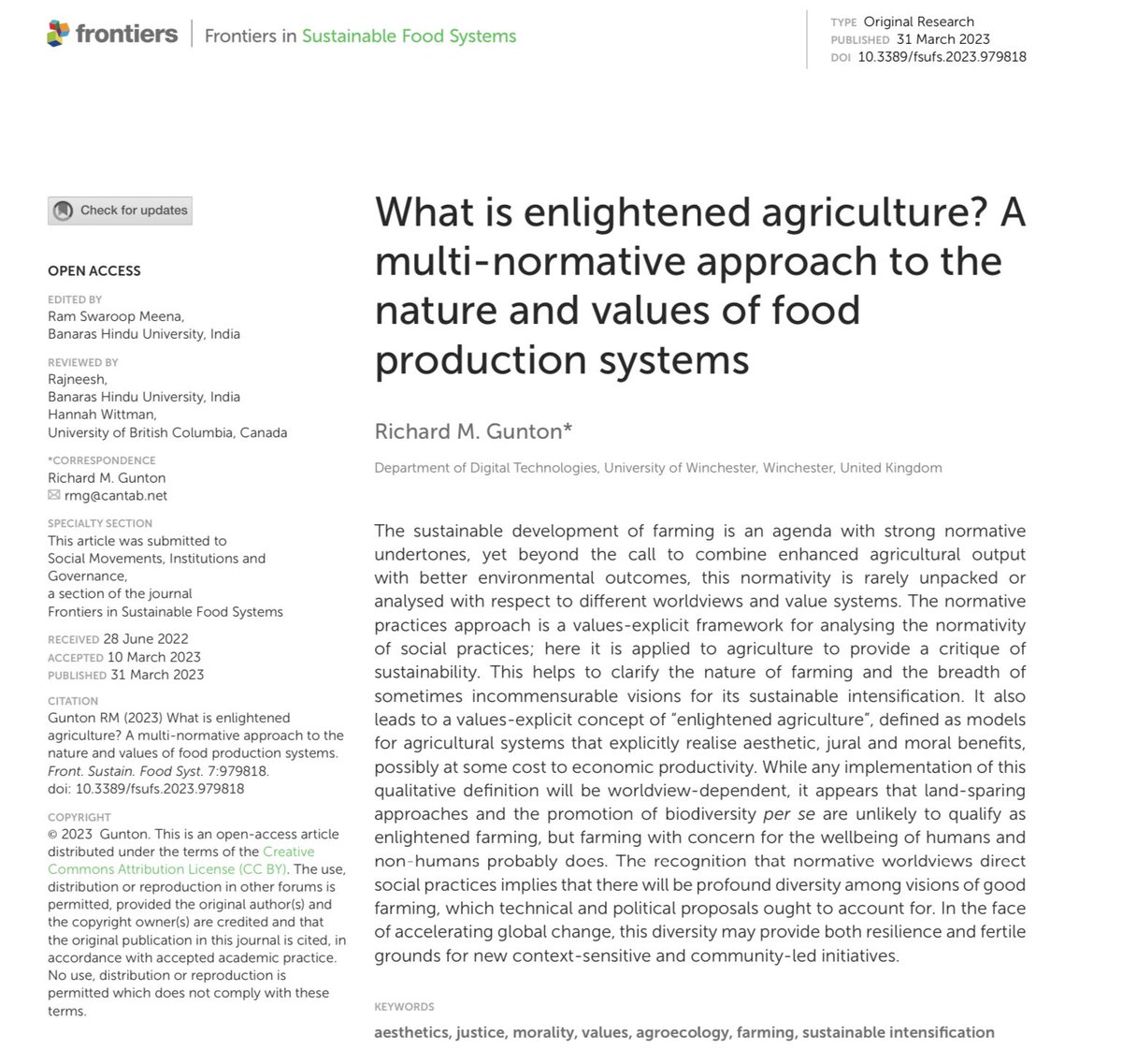 stevebishopuk's tweet image. A great piece applying neo-Calvinist principles to agriculture and food production. 
Gunton RM (2023) What is enlightened agriculture? Front. Sustain. Food Syst. 7:979818.
doi: 10.3389/fsufs.2023.979818