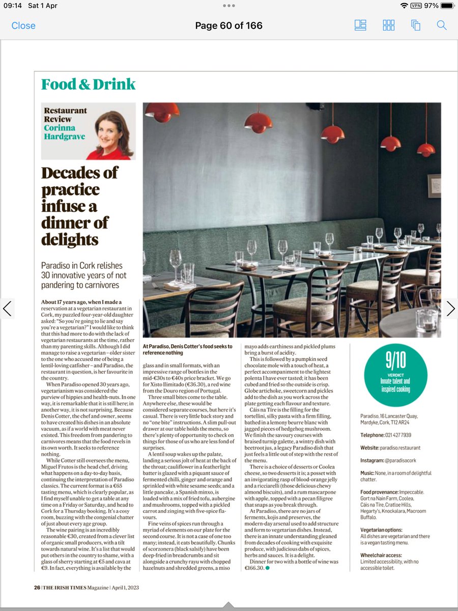 Great to read whole-hearted review of ⁦<a href="/paradisocork/">Paradiso</a>⁩. The love of food, commitment to working with growers (Ultan in Gort na Nain) has been there from the beginning. Customers join a family of warmth &amp; welcome -a kitchen at the top of its game &amp; skilled front of house team