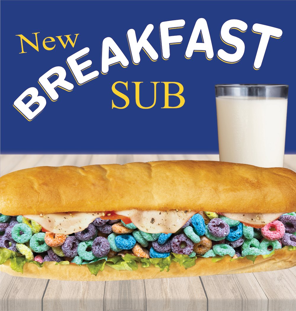 captainsub's tweet photo. The most important meal of the day is now more delicious than ever! Say hello to our Breakfast Sub! It's crunchy, and colourful and should definitely be washed down with a cold glass of milk. Get it while you can!

#aprilfools2023 #breakfastcereal #captsub #atlanticcanada https://t.co/Q1Hq3AmdcX