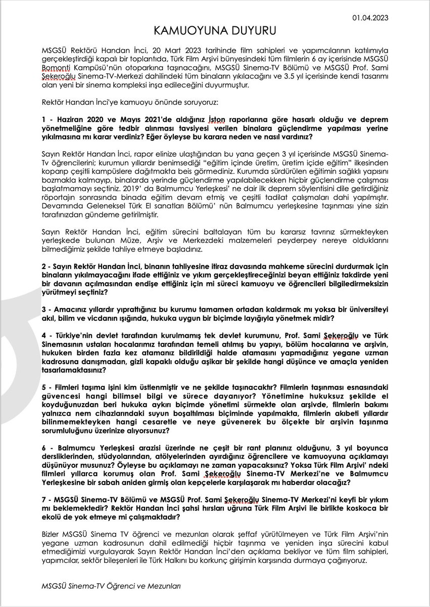 Kamuoyu önünde soruyoruz!
MSGSÜ Rektörü Handan İnci, Türk Film Arşivini bir otoparka taşıyıp, Balmumcu kampüsünü yıkmayı mı planlıyor? 
#BalmumcuyuYıktırmayacağız