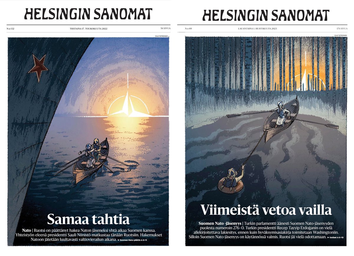 VTietavainen's tweet photo. Kun Suomi ja Ruotsi lähtivät hakemaan Nato-jäsenyyttä, kuvatoimitus soitti aamupäivällä, että aiheesta pitäisi ideoida ja toteuttaa kokosivun kuvitus illaksi. Toivoin ettei vastaavaa hötäkkää enää tapahtuisi. Eilen aamulla sain soiton, että vastaava hötäkkä tapahtuu. https://t.co/TdNklrIwJq