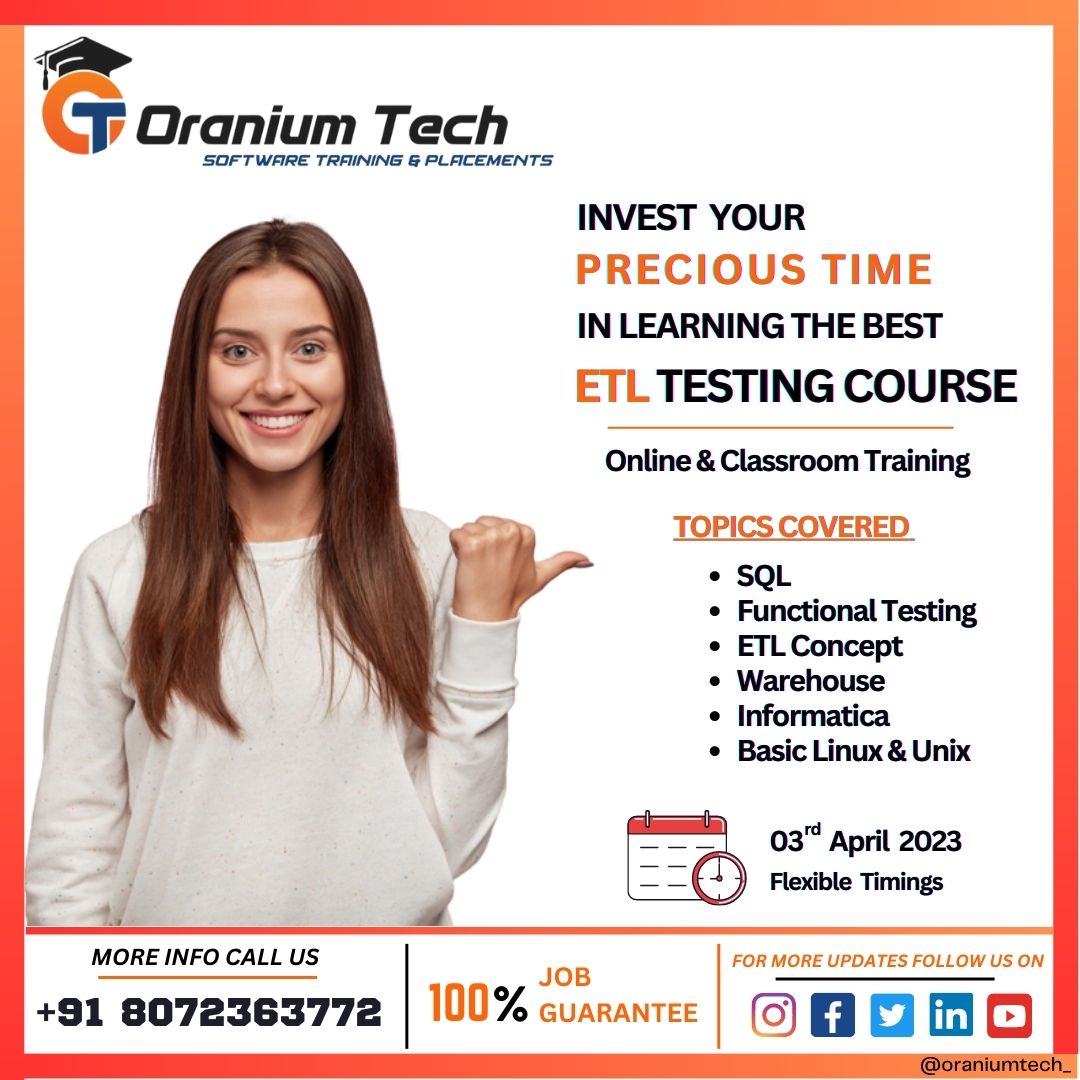 TechOranium's tweet image. Looking to master ETL testing and boost your career prospects?
.
.
Join our comprehensive ETL testing course covering SQL, functional testing, ETL concepts, warehouse, Informatica, and basic Linux &amp;amp; Unix.
.
#otech
#oraniumtech
#ETLtesting
#SQL
#Informatica
#careerboost
#limited