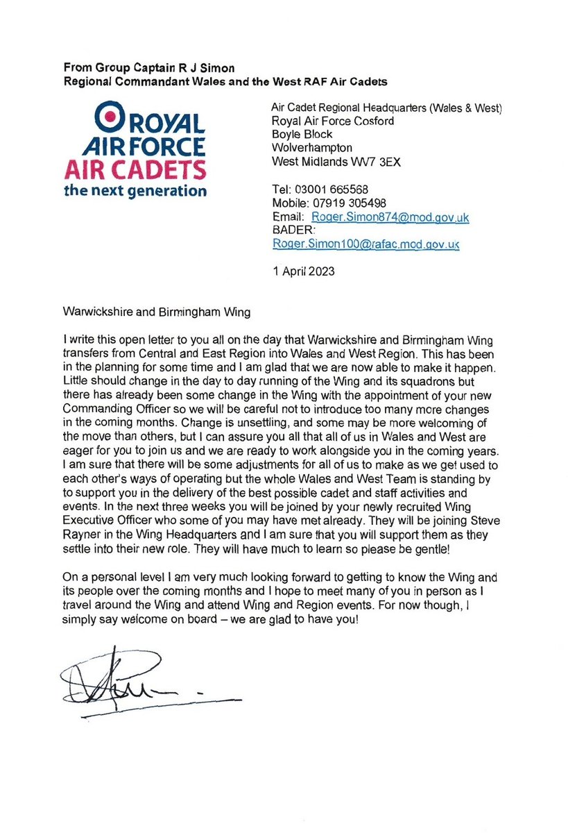 Group Captain Roger Simon, Regional Commandant, Wales &amp; West Region, is delighted to announce the transfer of W&amp;B Wing to W&amp;W Region, taking place today - 1st April 2023.

Please read his open letter.

#rafaircadets 
#bethebestinwalesandwest 
<a href="/OC_WarksBham/">OC Warwickshire & Birmingham Wing RAFAC</a>
<a href="/WMRFCA/">West Midland Reserve Forces & Cadets Association</a> 
@YOUWestMids