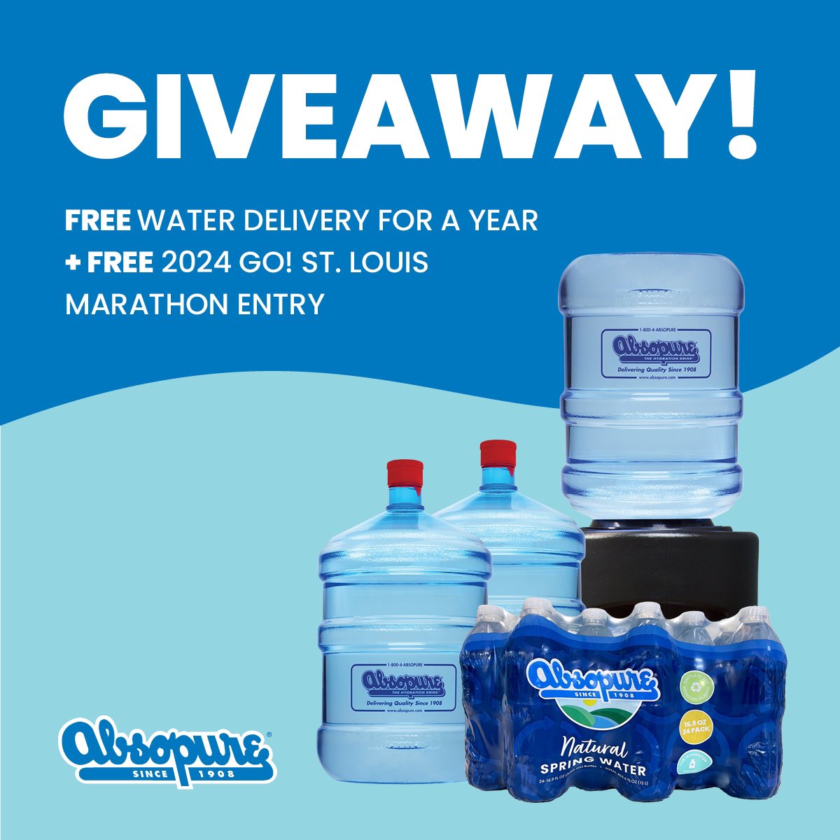 GOfitnessSTL's tweet photo. Our Official Bottled Water #Absopure is offering runners and their fans a chance to win FREE Absopure Water delivery for a year and a FREE entry to the 2024 GO! St. Louis Marathon in 2024. 🙌 Enter for your chance to stay hydrated all year long: https://t.co/6LTQvM5ulZ 💧 https://t.co/dz56utBU73
