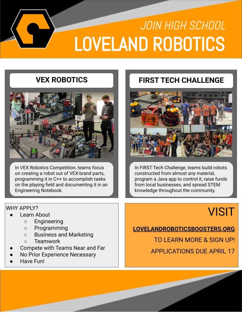 LRobotBoosters's tweet image. Applications are open for our 2023-24 High School FTC and VEX teams and our Middle School VEX (grades 7-8) teams! Visit our website at lovelandroboticsboosters.org for links to the applications and more information. Information on FLL teams will be available in May.