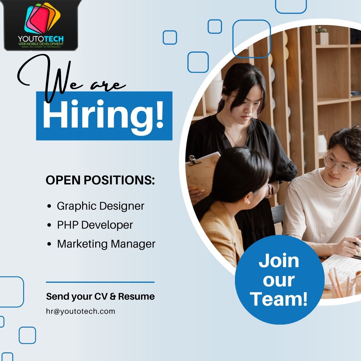 youtotech's tweet image. Hi!
We are hiring for the following positions :
1) Graphic Designer
2) PHP Developer
3) Marketing Manager
Interested candidates can send their resume at hr@youtotech.com
#phpdeveloperjobs #wordpressdeveloperjob #graphicdesignerjob
#ludhianajobs