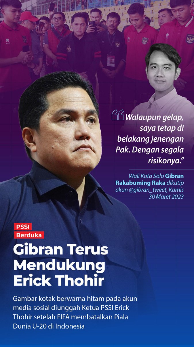 03__nakula's tweet photo. Wali kota Solo, @gibran_tweet memberi dukungan moril untuk ketum PSSI Erick Thohir yang sedang kecewa karena Indonesia dicoret sebagai tuan rumah piala dunia U-20.
Gibran mengatakan "Walaupun gelap, saya tetap di belakang jenengan, dengan segala resikonya".
#GueBarengErickThohir https://t.co/aeCUzMyvHr