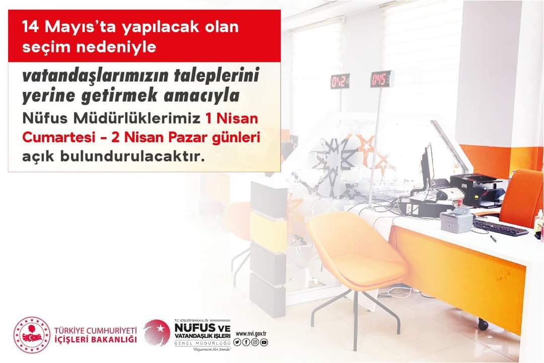 Adres işlemlerinizi gerçekleştirebilmeniz için;

🗓️ 1 Nisan Cumartesi - 2 Nisan Pazar günleri nüfus müdürlüklerimiz hizmetinizde‼️⬇️ 

#HayatınızınHerAnında