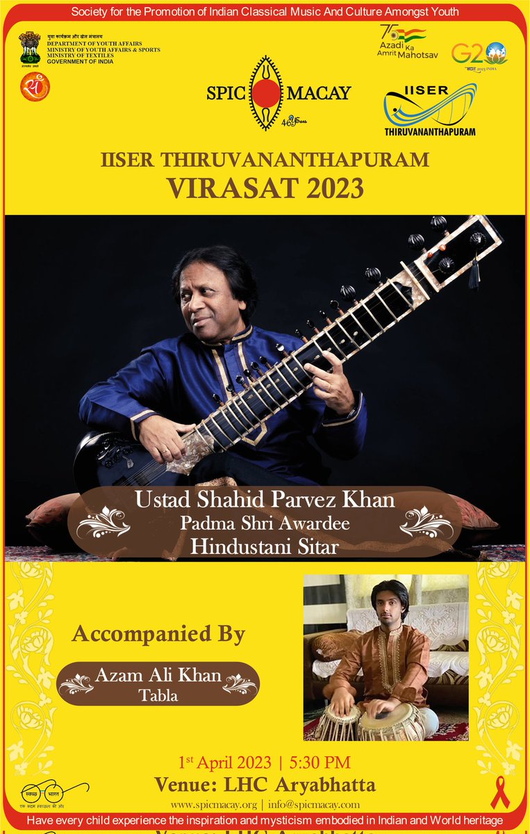 SPICMACAY IISERTVM (@spicmacayiisert) on Twitter photo Do join us for the Day-2 of Virasat 2023. Padma Shri Ustad Shahid Parvez Khan is gracing the occasion accompanied by Azam Ali Khan on Tabla. See you at LHC-Aryabhatta at 5:30 pm. <a href="/tvmiiser/">IISER Thiruvananthapuram</a> <a href="/spicmacay/">SPIC MACAY</a> <a href="/Phy_IISERTVM/">School of Physics, IISER TVM</a>
<a href="/ishya_iiser/">Ishya</a> <a href="/bio_iisertvm/">School of Biology, IISER-Thiruvananthapuram</a> <a href="/Chemie_iisertvm/">School of Chemistry IISER TVM</a> Do join us for the Day-2 of Virasat 2023. Padma Shri Ustad Shahid Parvez Khan is gracing the occasion accompanied by Azam Ali Khan on Tabla. See you at LHC-Aryabhatta at 5:30 pm. <a href="/tvmiiser/">IISER Thiruvananthapuram</a> <a href="/spicmacay/">SPIC MACAY</a> <a href="/Phy_IISERTVM/">School of Physics, IISER TVM</a>
<a href="/ishya_iiser/">Ishya</a> <a href="/bio_iisertvm/">School of Biology, IISER-Thiruvananthapuram</a> <a href="/Chemie_iisertvm/">School of Chemistry IISER TVM</a>