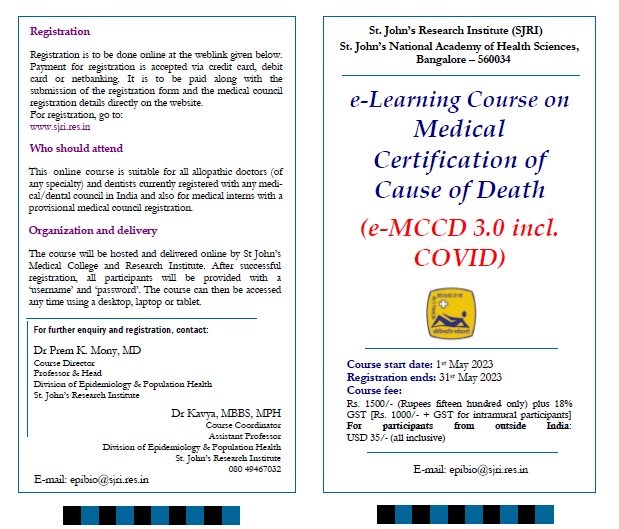 StJohnsResearch's tweet photo. The Division of #Epidemiology @StJohnsResearch
is conducting an "#OnlineCourse on Medical Certification of Cause of Death" #eMCCD 3.0 incl. #COVID from May 1st-31st 2023
For Information & Registration: https://t.co/kMc3ltKtsY
Please Call: 080-4946-7030 https://t.co/96ye7AXose